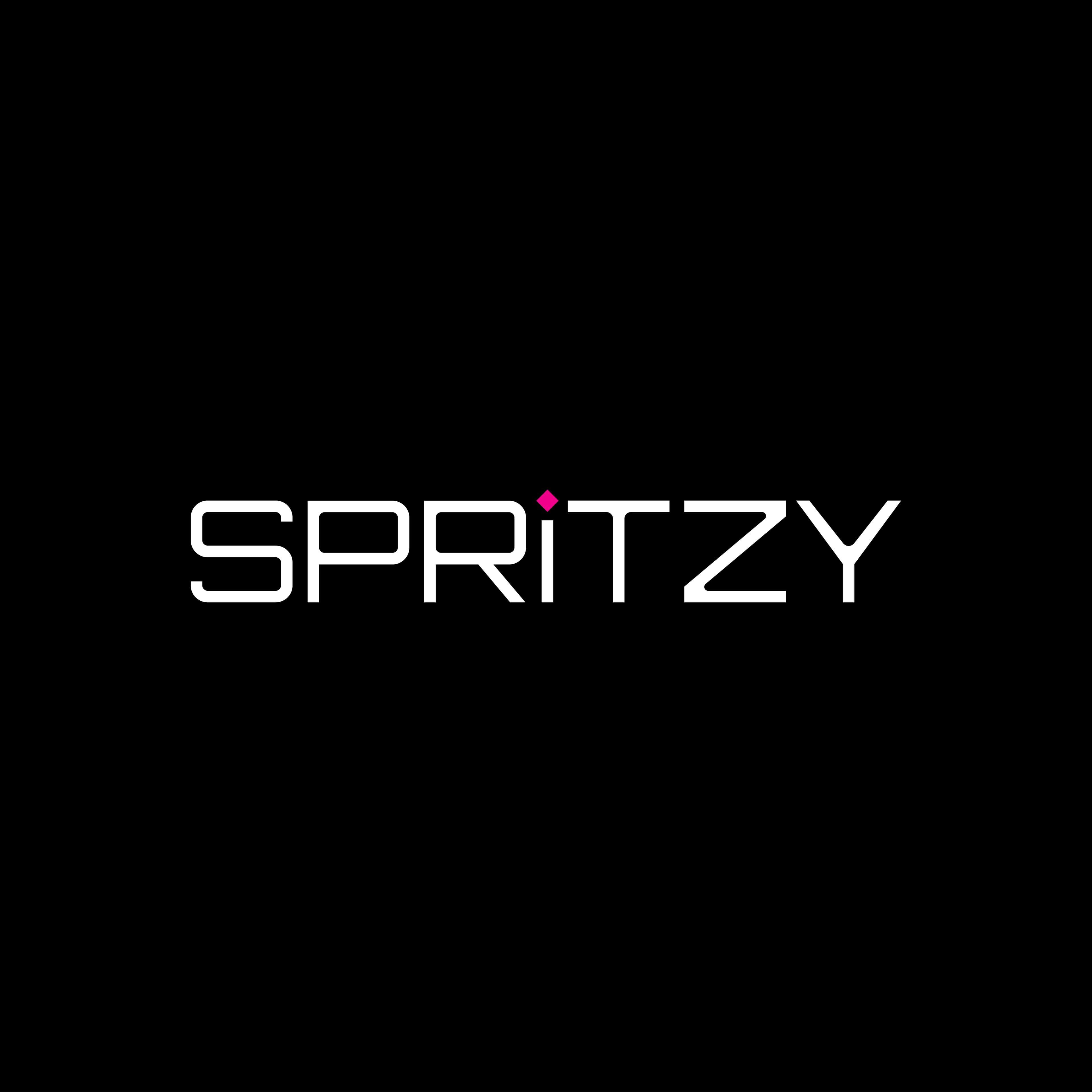 Spritzy logo in white on a black background with a pink accent above the i